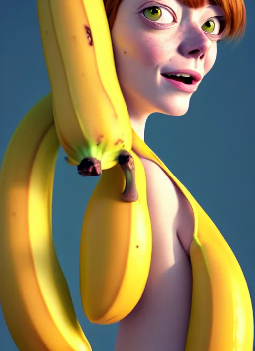 Image similar to anthropomorphic portrait of emma stone as a banana, au naturel, hyper detailed, digital art, trending in artstation, cinematic lighting, studio quality, smooth render, unreal engine 5 rendered, octane rendered, art style by klimt and nixeu and ian sprigger and wlop and krenz cushart and pixar and riot and adventuretime