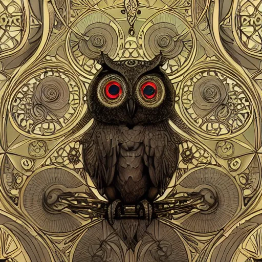 Image similar to cute owl, organic, epic, baroque art nouveau, manga, james jean, mucha, yoshitaka amano, photorealistic rendering, 3 ds max + v - ray, extremely detailed and complex, center composition, elegant, vfx, unreal engine 5, octane rendering, very contrasting, very sharp lines