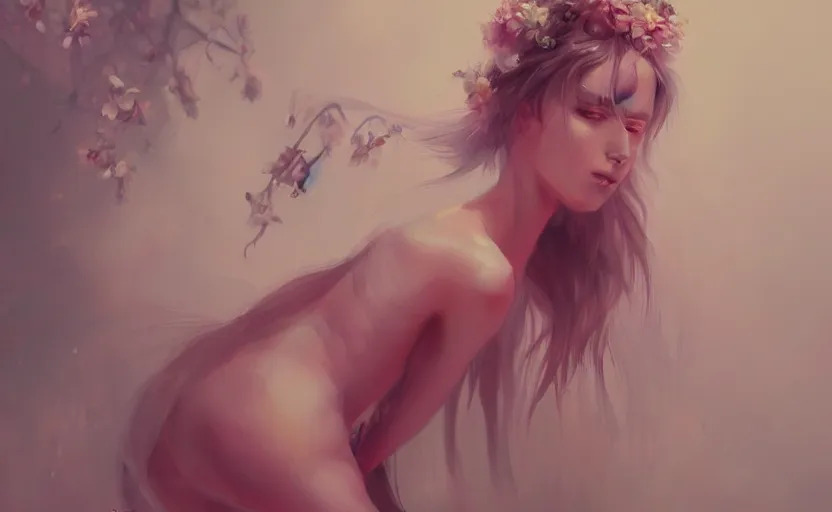 Image similar to a painting of a nymph 🌸🌸🌸 trending on artstation in the style of greg rutkowski, sensuality, fashion