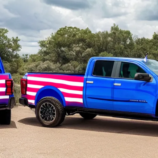 Image similar to photo of big blue biden pickup trucks with american flags on them.