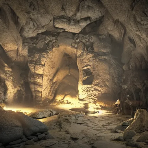 Prompt: cave with a castle built underground!!!!, the god of small scissors!!, pitchburn devils!, security rhox, sauroform hybrid, forbidding spirit!!, guardian project, hackrobat!!!, cinematic, hyper realistic, detailed, 8k, octane render.