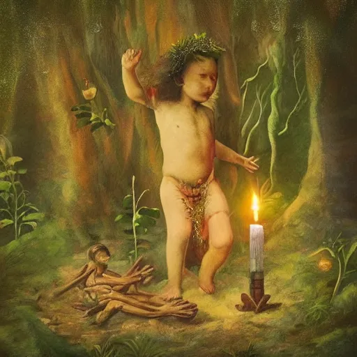 Image similar to “child god of the forest making a ritual, artwork”