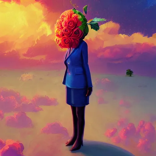 Image similar to closeup, giant rose flower as a head, frontal, a girl in a suit, surreal photography, sunrise, blue sky, dramatic light, impressionist painting, digital painting, artstation, simon stalenhag