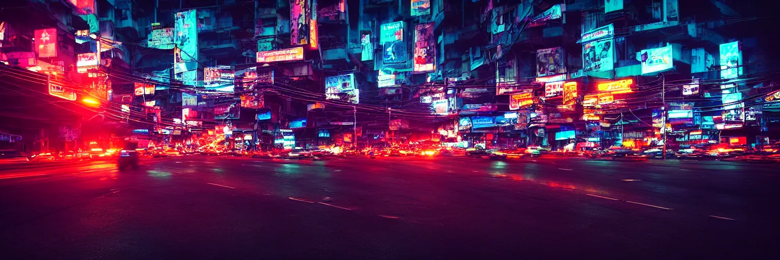 Image similar to Cyberpunk Traffic, futuristic Phnom-Penh Cambodia, neon dark lighting