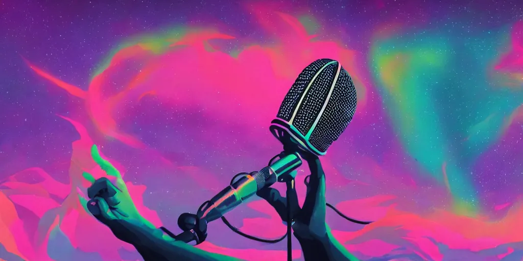 Prompt: rapping into microphone, silhouette, psychedelic, outrun, hip hop, Aurora borealis, trending on Artstation, professional artist, detailed, 4k
