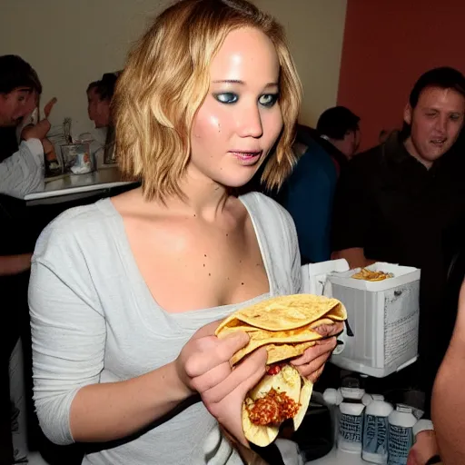 Prompt: fat jennifer lawrence eating tacos in the bathroom