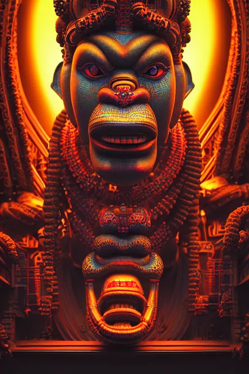 Image similar to high quality 3 d render post - rococo cyberpunk hanuman! head building, neon madhubani, open mouth, highly detailed, in sci - fi mumbai, cinematic smooth unreal engine, lee madgwick & liam wong, dramatic light, low angle, uhd 8 k, sharp focus