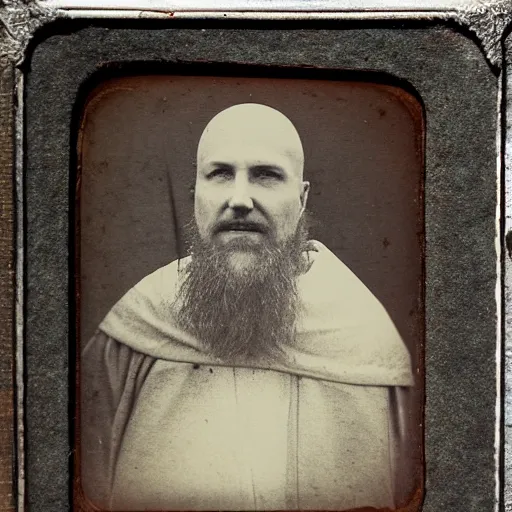 Image similar to tintype photograph of medieval monk, medieval abbot, italian monastery, medieval photograph