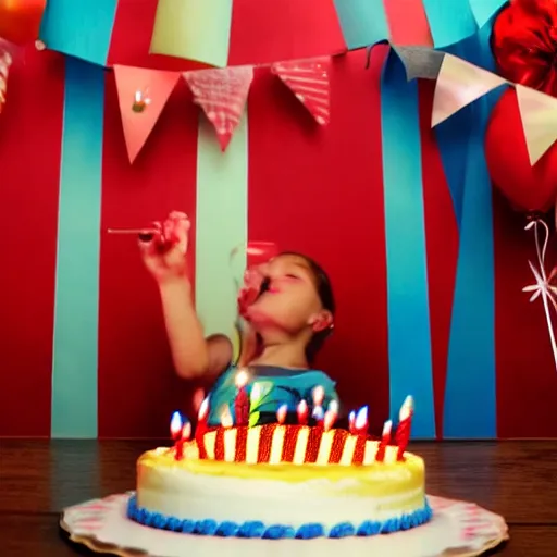 Image similar to someone blowing out a birthday cake, photorealistic, 3 5 degree shot, movie still