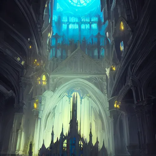 Prompt: infeior Gothic architecture,concept art, digital painting, style of jordan grimmer, warm lighting, futuristic, volumetric lighting, view from below, vivid colours, bright, nighttime, godrays, high detail,-H 1024