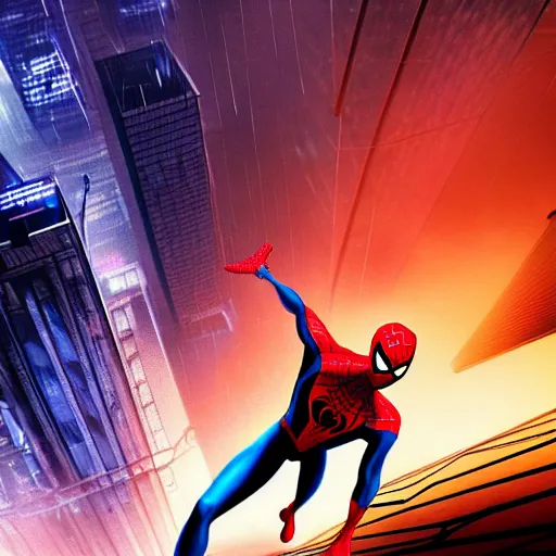 Prompt: A hyperdetailed photograph of Spider-Man swinging through the skies of a cyberpunk, futuristic city, night, dense fog, rain, HD, 8K resolution