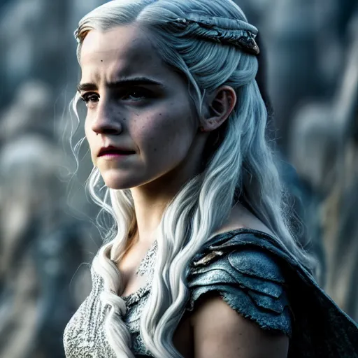 Image similar to Emma Watson as Daenerys Targaryen, XF IQ4, f/1.4, ISO 200, 1/160s, 8K, Sense of Depth, color and contrast corrected, Nvidia AI, Dolby Vision, in-frame