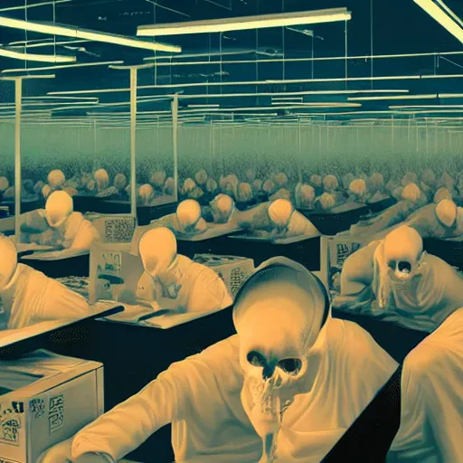 Prompt: evil souls being produced in surreal sweatshop odyssey under fluorescent light hell, advanced, photorealistic, realistic, dramatic lighting, fantastic reality, by stefan bakałowicz, 8 k resolution