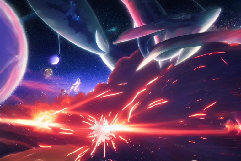 Image similar to Tonemapped Anime character splitting a gas giant in half like parting the Red Sea, with pack of Space Whales fly through an interdimensional rift! in background by (Hiromu Arakawa), Makoto Shinkai and (Cain Kuga)