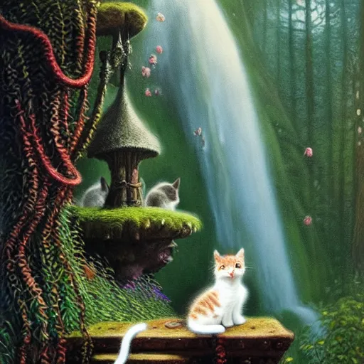 Image similar to painting of one kitten in the enchanted forest standing on the steps and watching the waterfall, fantasy, intricate, extremely detailed, matte, featured in artstation, art by louis wain, greg rutkowski, alan lee