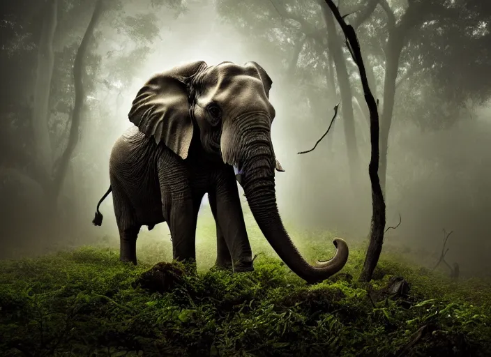 Image similar to an elephant octopus chimera, in a jungle with ominous light from above, great photography, ambient light, fog, river