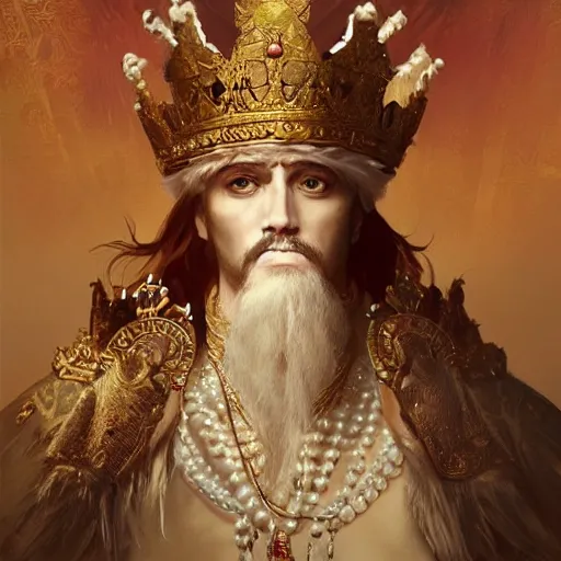 Image similar to a realistic king with decorated clothes made of white pearls and white plumes of swan, highly detailed, digital painting, Trending on artstation , HD quality, by artgerm and greg rutkowski and alphonse mucha, dramatic light, octane