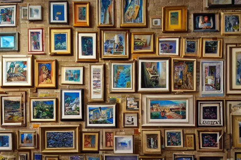 Prompt: hyperrealism, close view of wall full of small art painting, in style of classicism