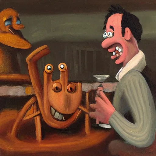 Prompt: oil painting of wallace and gromit killing a man