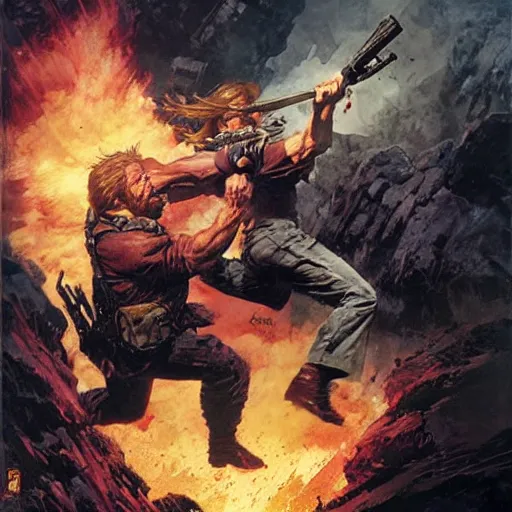 Image similar to cinematic action shot freeze frame portrait of Chuck Norris using another Chuck Norris as a weapon to fight evil by greg rutkowski and frank frazetta and peter mohrbacher and marc silvestri