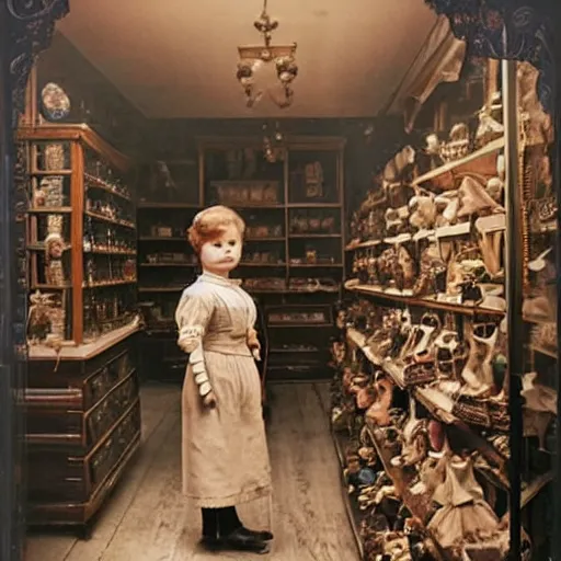 Prompt: human child standing in a victorian doll maker's shop looking at all of the dolls, 8 k, soft lighting, highly detailed realistic, face in focus 1 8 9 0's