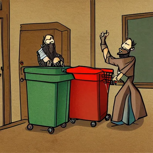 Prompt: two wizards arguing about whose turn it is to take out the trash, digital art