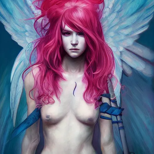 Prompt: beautiful warrior angel with pink hair, upper body, blue piercing eyes, thin features, beautiful aesthetic, by james jean, trending on artstation, digital art