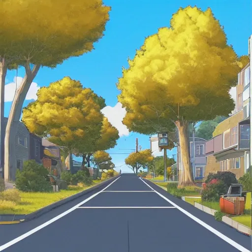 Image similar to neighborhood street, uptown street, golden hour, golden sunshine, trees over road, shining sun in distance, trees, juniper trees, oak trees, cars parked in street, long street, distance, cel - shaded, raytracing, cel - shading, toon - shading, 2 0 0 1 anime, flcl, jet set radio future, drawn by artgerm