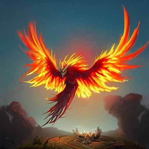 Prompt: art of a phoenix from dota 2. diving into battle, phoenix blasts enemies and heals allies with rays of solar flame. when the time is right, it can become a burning sun to scorch nearby foes before unleashing a stunning detonation that also restores phoenix to full strength. art by simon stalenhag