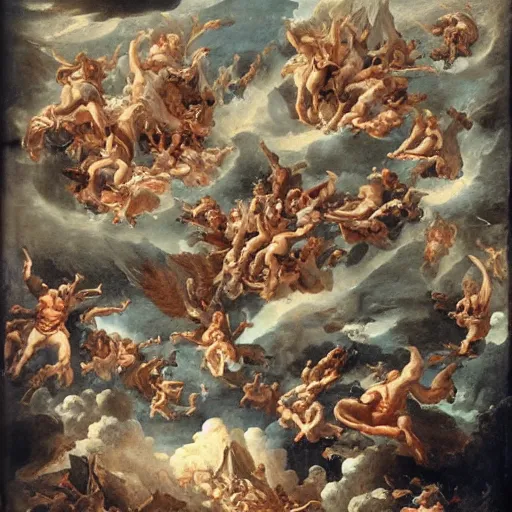 Prompt: thousands of rebel angels falling from heaven as meterorites, epic lighting, disaster clouds,