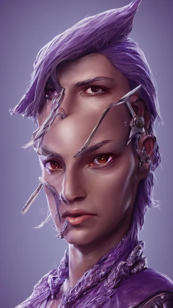 Prompt: a 3 d render of a fantasy portrait of a character, purple - tinted with a hint of yellow, wide - angle, high contrast, highly detailed, sharp focus, digital painting, 3 d art, illustration, trending on artstation,