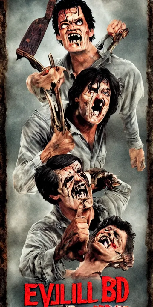 Image similar to evil dead movie poster, comedy movie, funny, laughing, 8 0 s