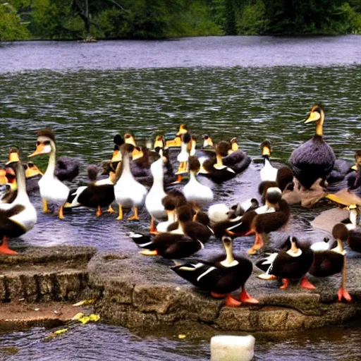 Prompt: Ducks perform a rock concert on a stage