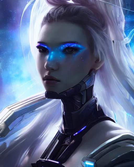 Image similar to perfect android girl on a mothership, warframe armor, beautiful face, scifi, futuristic, galaxy, nebula, bae suzy, dreamy, long white hair, blue cyborg eyes, sharp focus, cinematic lighting, highly detailed, artstation, divine, by gauthier leblanc, kazuya takahashi, huifeng huang