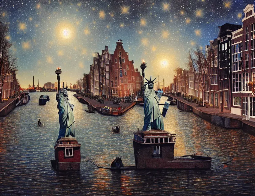 Prompt: a very realistic painting of the statue of liberty being stoned and lost in the amsterdam canals surrounded by amsterdam houses at night with romantic city light ambiance and a starry sky painting in the style of james jean, 8 k ultra realistic no noise but joy