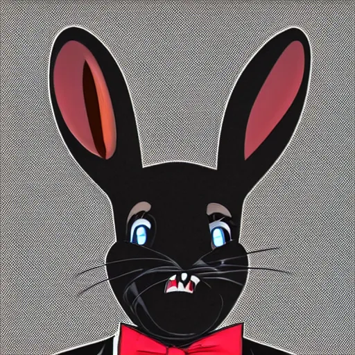 Image similar to A extremely highly detailed majestic hi-res beautiful, highly detailed head and shoulders portrait of a scary terrifying, horrifying, creepy black cartoon rabbit with a bowtie and scary big eyes, earing a shirt laughing, hey buddy, let's be friends, in the style of Walt Disney