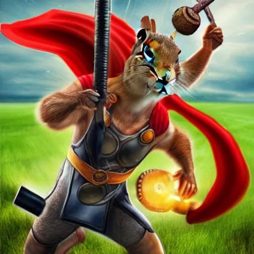 Image similar to the squirrel thor ~ holding his hammer ~ dramatic thunder background ~ fighting scene ~