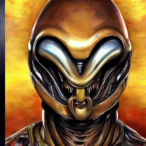 Image similar to a beautiful portrait painting of predator movie alien wearing a samurai. high renaissance.