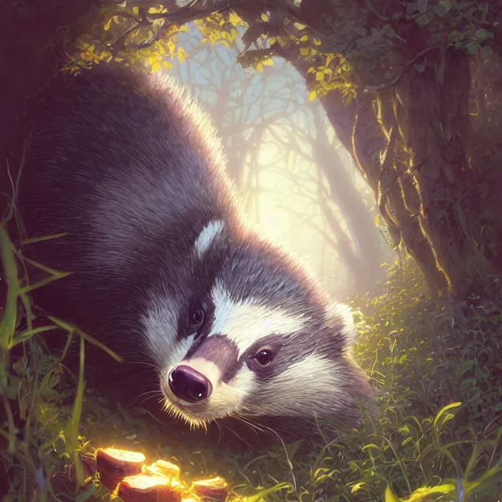 Image similar to highly detailed portrait of a cute badger, unreal engine, fantasy art by greg rutkowski, loish, rhads, ferdinand knab, makoto shinkai and lois van baarle, ilya kuvshinov, rossdraws, tom bagshaw, alphonse mucha, global illumination, radiant light, detailed and intricate environment