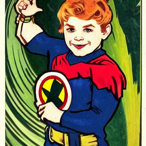 Prompt: a cute little boy with a mischievous face and short ginger hair. he is dressed as a superhero. well composed, clean elegant painting, beautiful detailed face. painting by steve ditko and jack kirby and ( alphonse mucha )