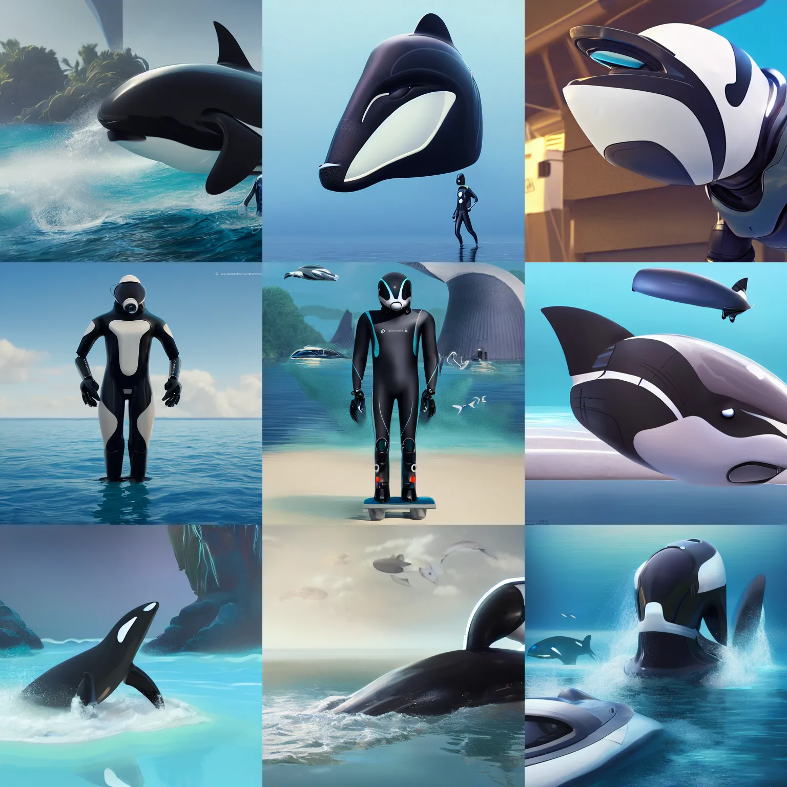 Prompt: male robotic anthro orca, visor screen for face, snout under visor, wearing a wetsuit, commission on furaffinity, cgsociety, octane render, subnautica