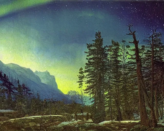 Prompt: forest, mountains, northern lights, nightsky with stars, matte painting, romantic impressionism, painted by Caspar David Friedrich