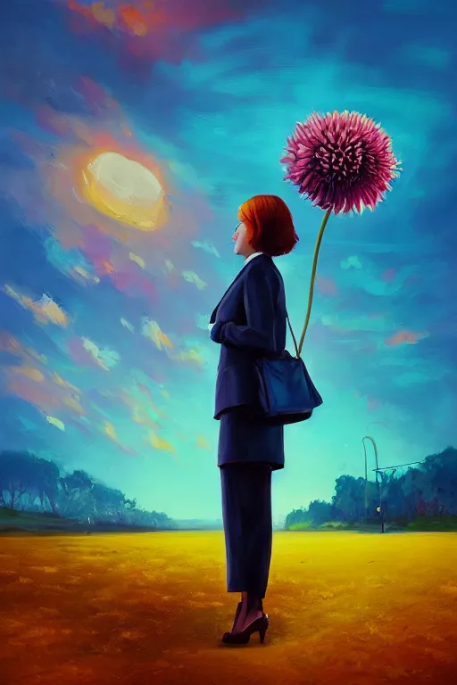 Image similar to closeup giant dahlia flower head, girl in a suit, street, surreal photography, blue sky, sunrise, dramatic light, impressionist painting, digital painting, artstation, simon stalenhag