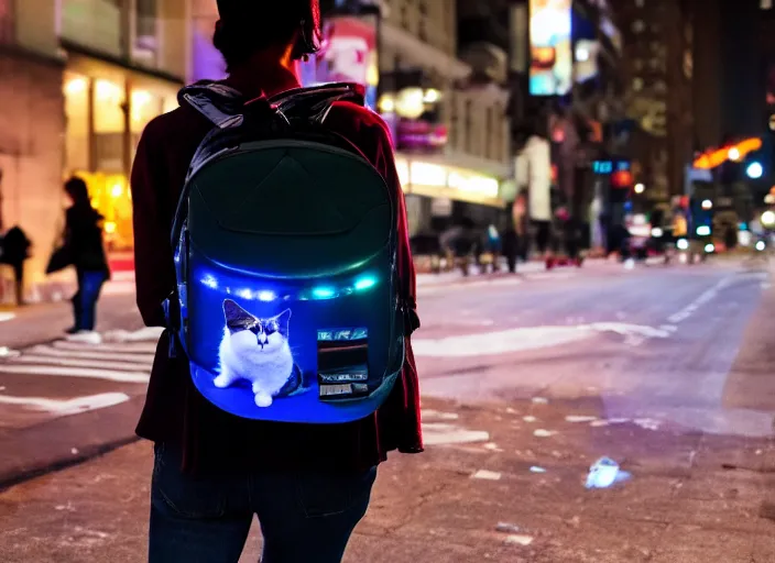 Image similar to photography of a Cat being carried in a backpack . in a new york street. award winning photo, led lighting, night, 130mm, sharp, high res