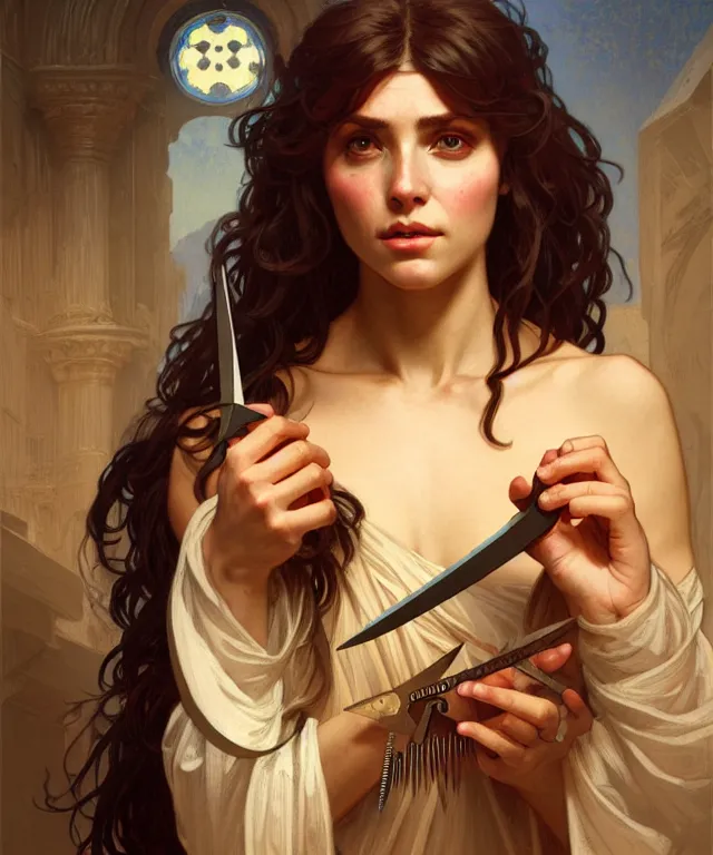 Image similar to portrait of biblical delilah holding medieval shear scissors, intricate, headshot, highly detailed, digital painting, artstation, concept art, sharp focus, cinematic lighting, illustration, art by artgerm and greg rutkowski, alphonse mucha, cgsociety