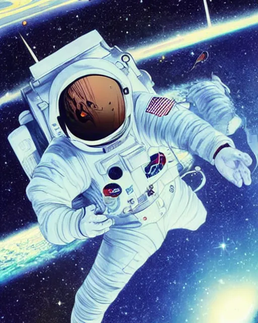 Image similar to astronaut with a damaged suit floating in space, desaturated colors, art by makoto shinkai and alan bean, yukito kishiro