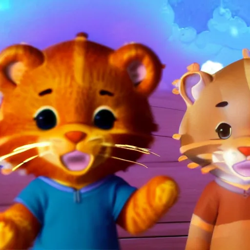 Image similar to render as a very grizzled 3d anime Daniel Tiger, full round round round round round round round face, short smile, cinematic lightning, medium shot, mid-shot, highly detailed, trending on Artstation, Unreal Engine 4k, cinematic wallpaper