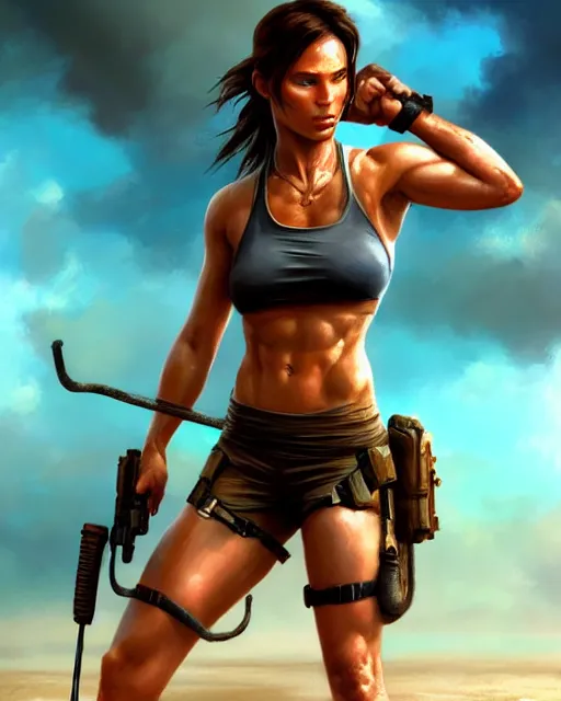 Image similar to lara croft, perfect face, bikini, abs, cinematic, stunning, athletic, strong, agile, highly detailed, beach, psychedelic, digital painting, artstation, smooth, hard focus, illustration, art by jessica rossier and and brian froud