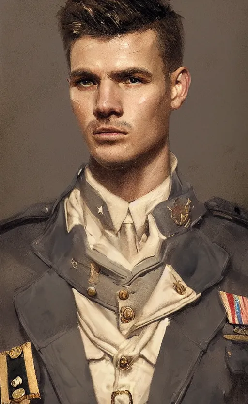 Prompt: Portrait of a navy officer, male, detailed face, 20th century, highly detailed, cinematic lighting, digital art painting by greg rutkowski
