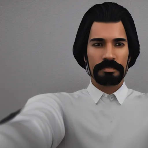 Image similar to Instagram Selfie of a handsome Latino male with tan shiny skin, well-gelled hair, a moustache and beard, first-person view, photorealistic imagery, trending on artstation, 4k, 8k